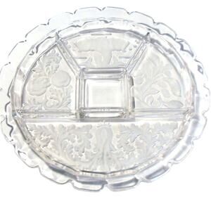 Indiana Glass Divided Plate Serving Platter Coi Fish Fleur de Lis 5Way Clear Vtg